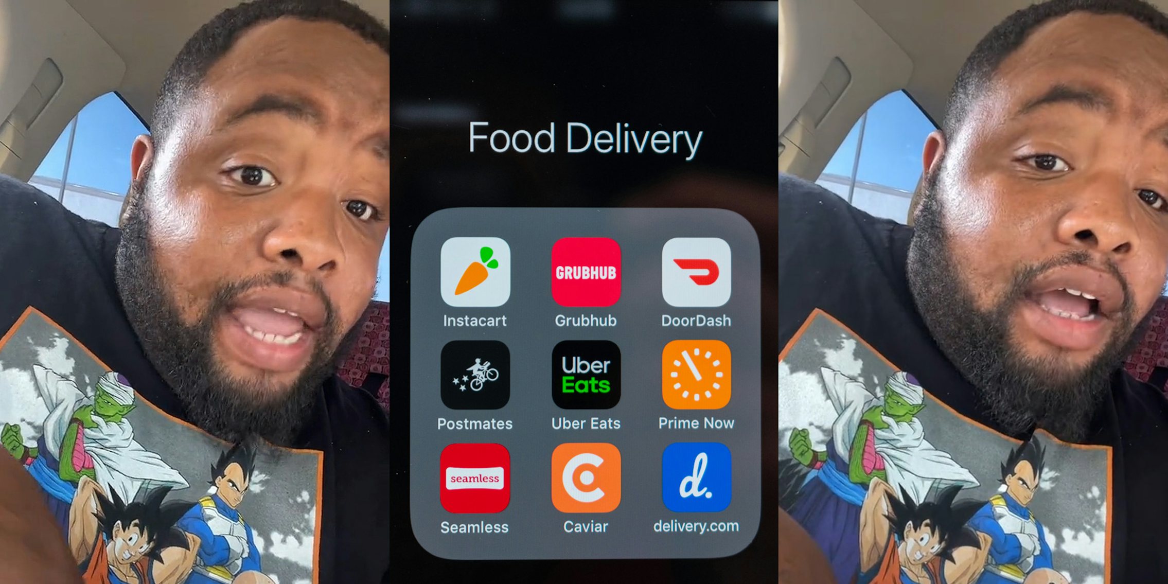 man speaking in car (l) iPhone apps 'Food Delivery' (Instacart, Grubhub, DoorDash, Postmates, UberEats, etc) (c) Man speaking in car (r)