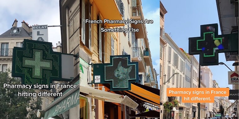 Pharmacy sign with techno cross design caption 'Pharmacy signs in France hitting different' (l) Pharmacy sign with techno animated dog caption 'French Pharmacy Signs Are Something Else' (c) Pharmacy sign with techno cross and pills caption 'Pharmacy signs in France hit different.' (r)