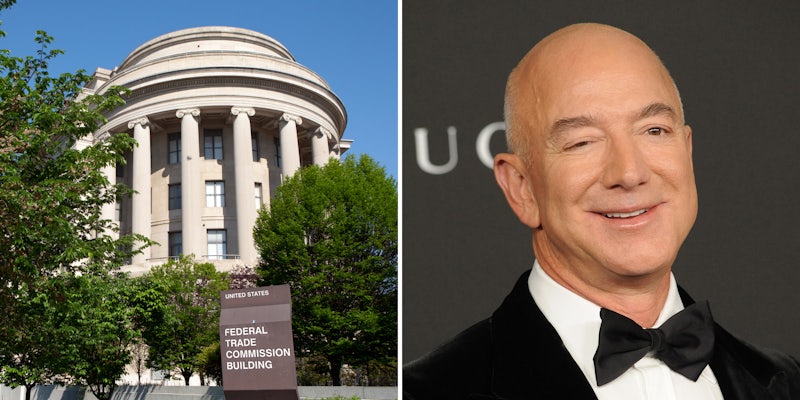 Federal Trade Commission building and sign (l) Jeff Bezos in suit on grey background (r)