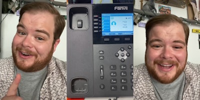 Man laughing (l&r) phone playing voicemail (c)