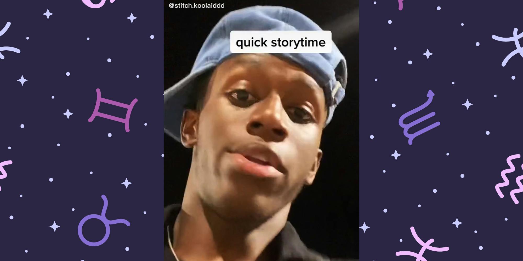 young man with "quick storytime" inset over astrology symbol background