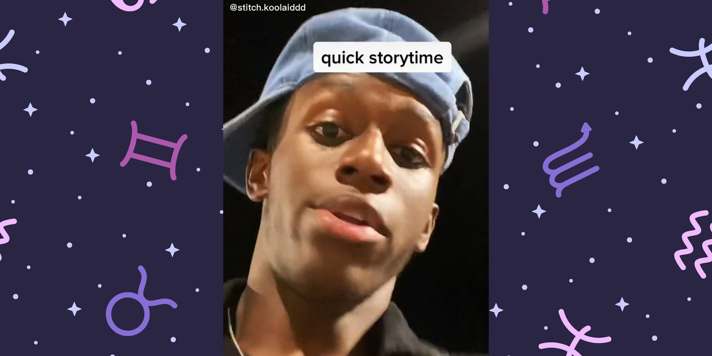 young man with 'quick storytime' inset over astrology symbol background