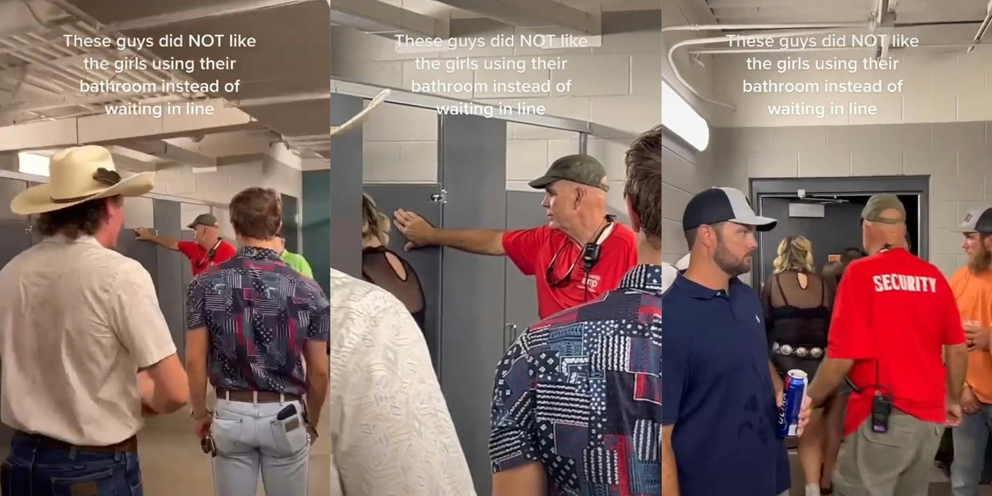 security guard ushering women from men's room with caption "These guys did NOT like the girls using their bathroom instead of waiting in line"