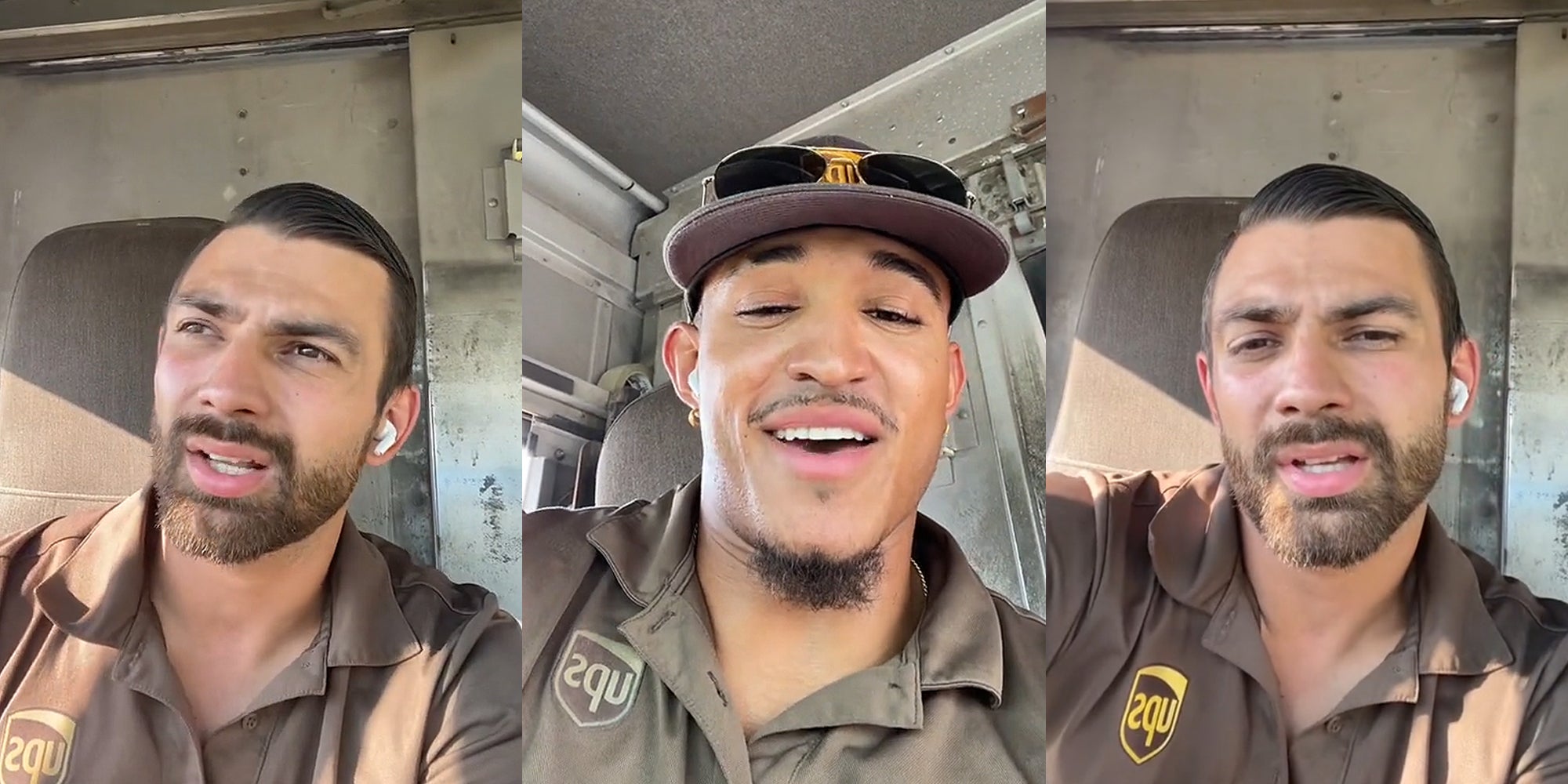 UPS driver speaking in truck (l) UPS driver speaking in truck (c) UPS driver speaking in truck (r)