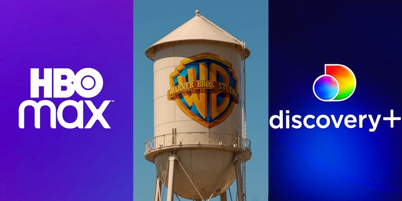 HBO Max logo on purple background (l) Warner Bros Studios tower with logo (c) Discovery + logo on blue background (r)