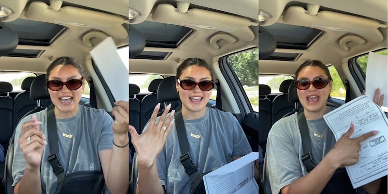 woman speaking in car holding paper (l) woman speaking in car showing engagement ring holding document in other hand (c) woman speaking in car holding legal document (r)