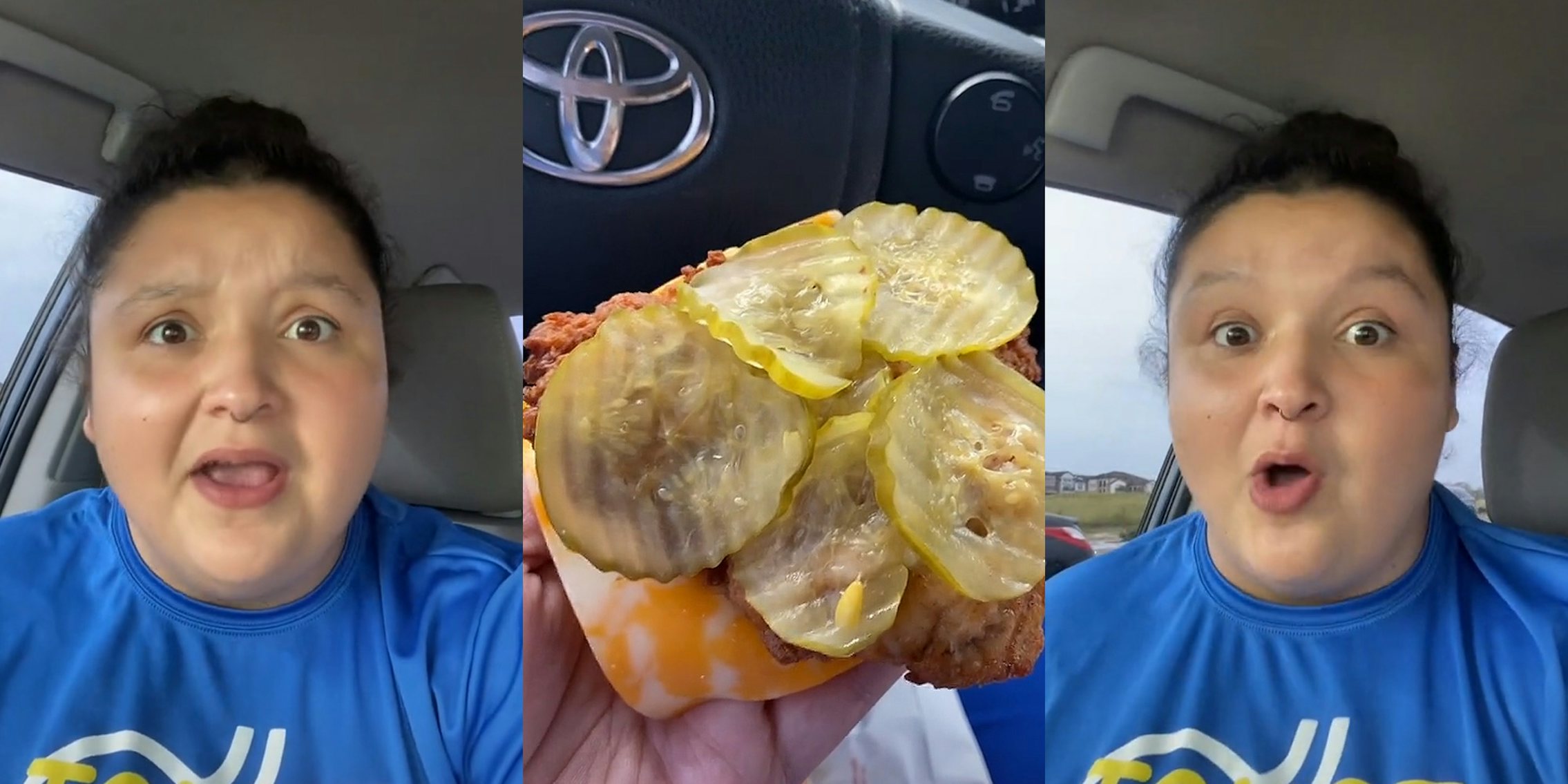 person speaking in car (l) hand holding up chicken covered in pickles (c) person speaking in car (r)