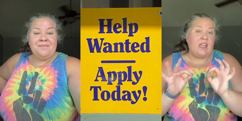 woman in tie-dye shirt (l&r) Help Wanted / Apply Today! sign (c)