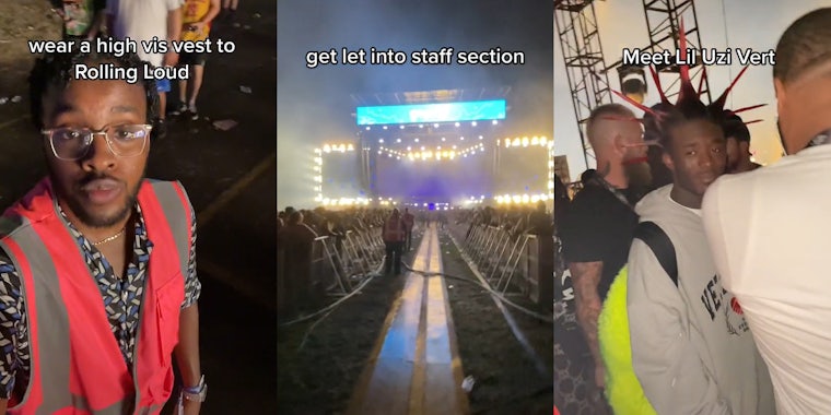 Man in orange hi-res vest outside at concert caption 'wear a high vis vest to Rolling Loud' (l) Concert stage with two sections of people strip between for staff section caption 'get let into staff section' (c) Lil Uzi Vert looking at camera outside caption 'Meet Lil Uzi Vert' (r)