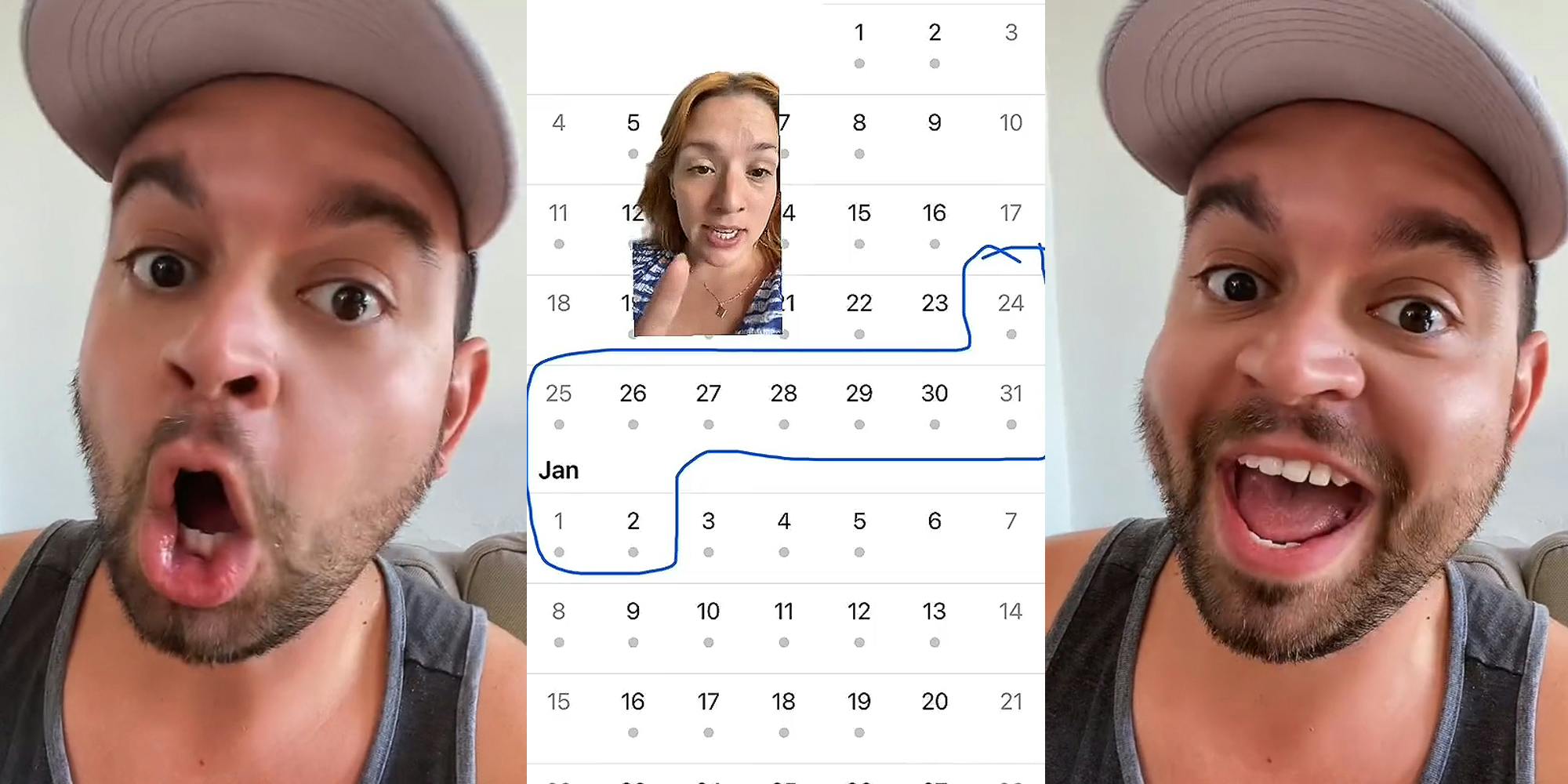 Man speaking saying "NO" on gray background (l) woman greenscreen TikTok over December-January calendar with dates December 24th- January 2nd circled in blue (c) Man speaking on gray background (r)