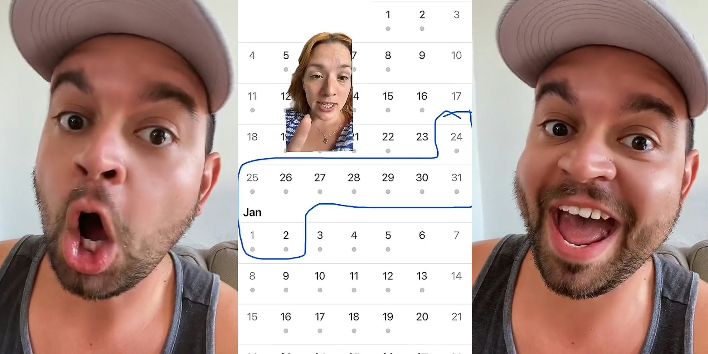 Man speaking saying 'NO' on gray background (l) woman greenscreen TikTok over December-January calendar with dates December 24th- January 2nd circled in blue (c) Man speaking on gray background (r)