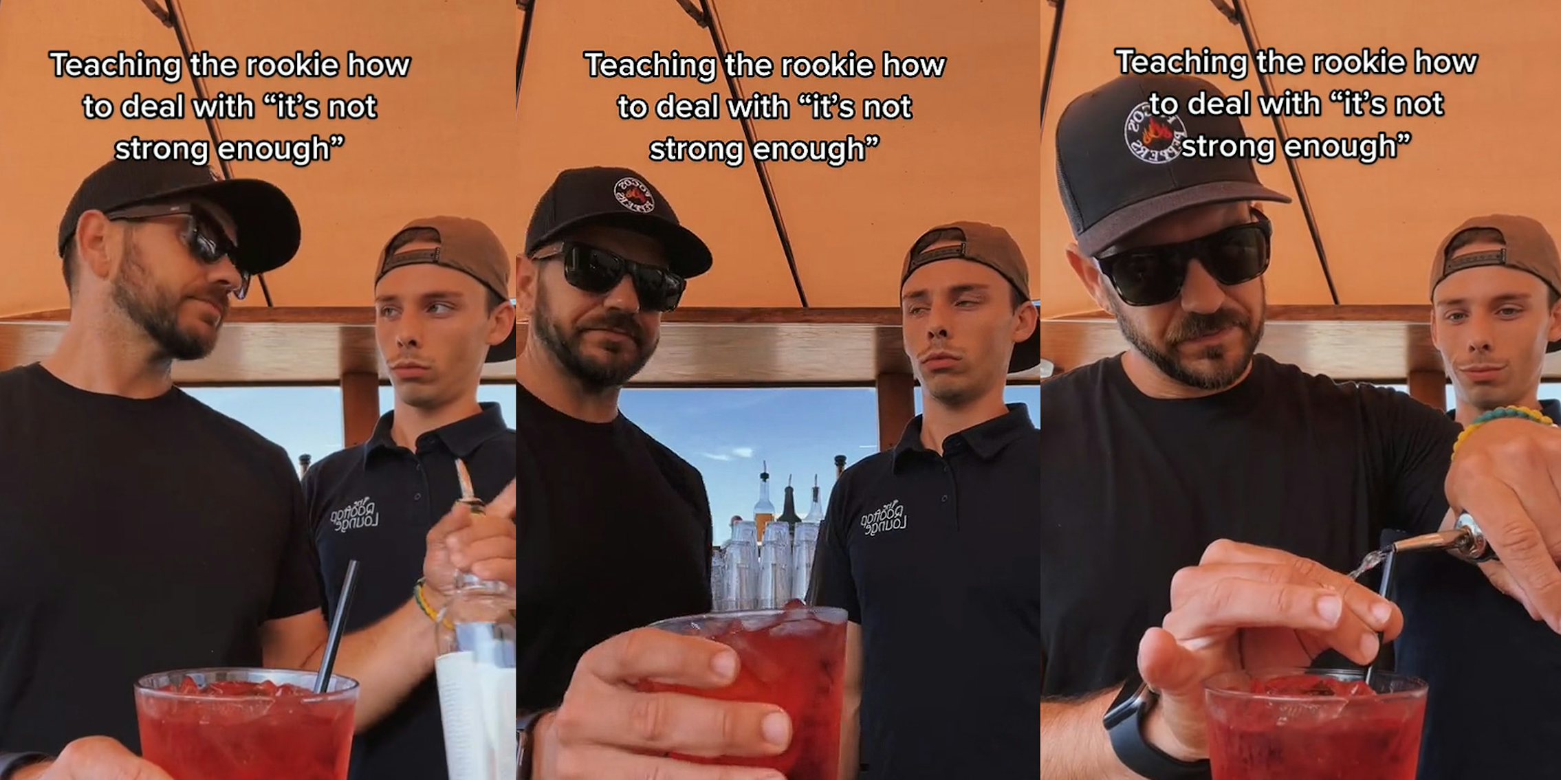 bartenders looking at each other one hand on drink other with liquor caption 'Teaching the rookie how to deal with 'it's not strong enough' (l) bartender holding drink another bar tender looking at him caption 'Teaching the rookie how to deal with 'it's not strong enough' (c) bartender holding straw in drink while pouring liquor in it while other bartender watches caption 'Teaching the rookie how to deal with 'it's not strong enough' (r)
