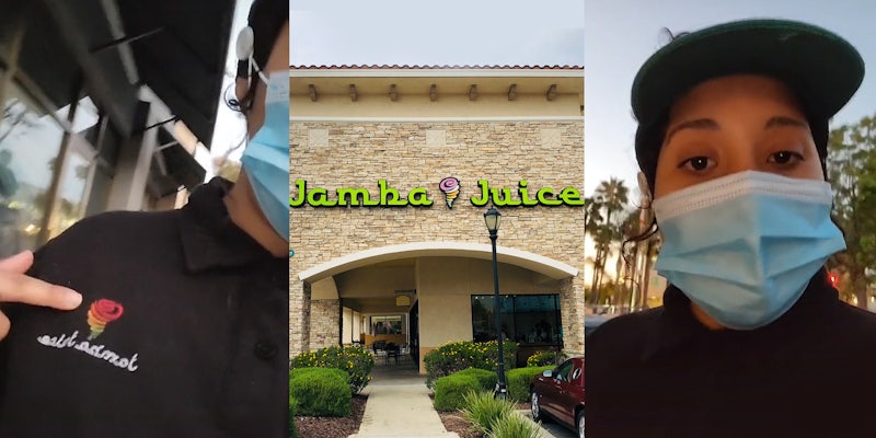 Jamba Juice worker outside pointing to logo on shirt (l) Jamba Juice building and sign (c) Jamba Juice worker speaking outside (r)