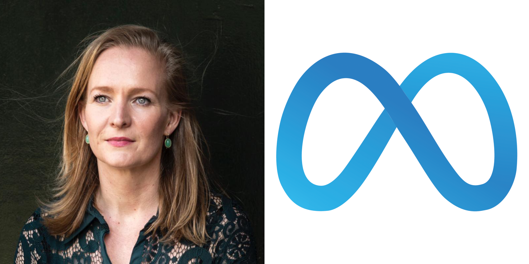 Marietje Schaake on dark green background (l) Meta logo on white background (r)