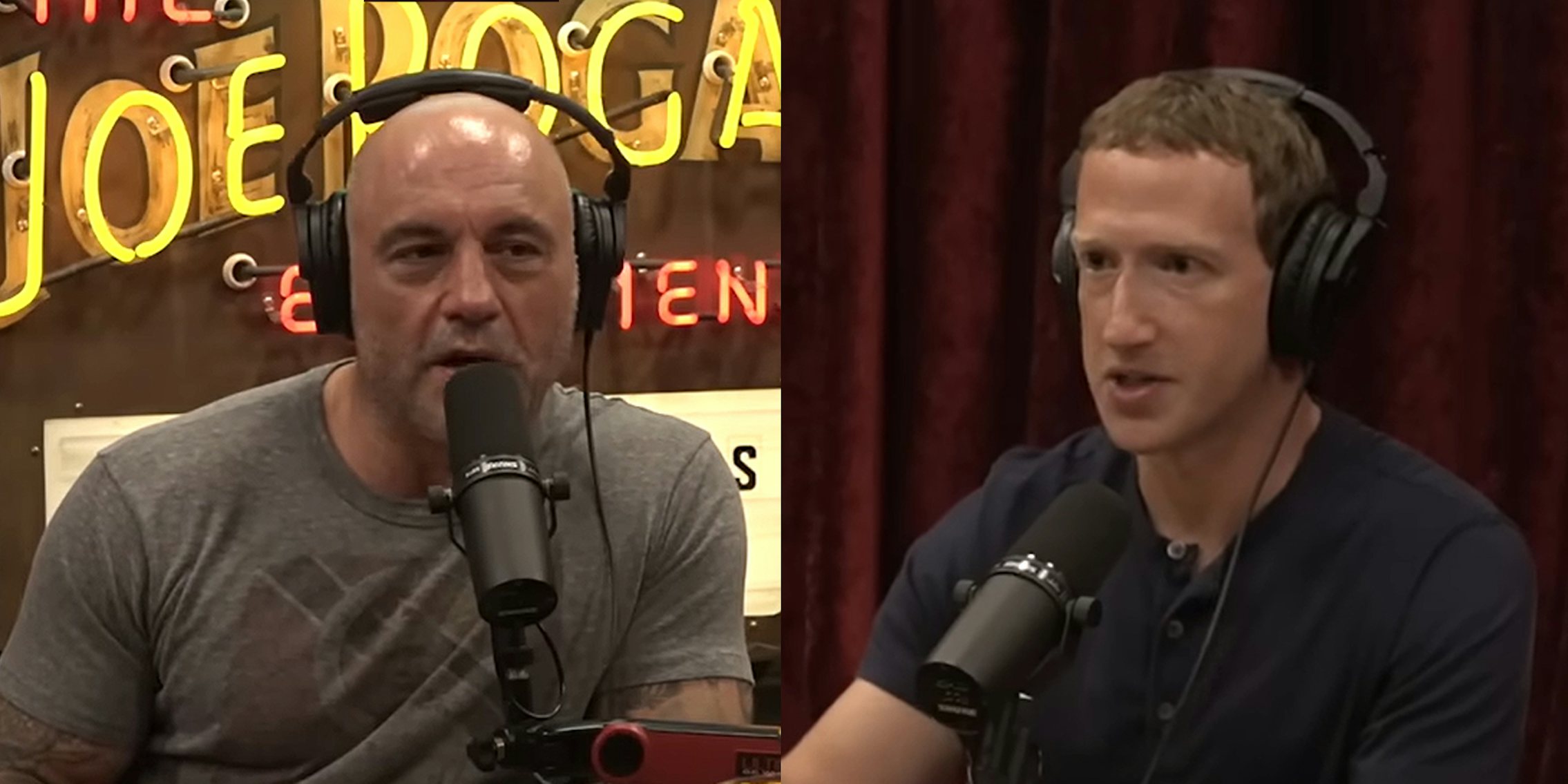 Joe Rogan speaking on podcast (l) Mark Zuckerberg speaking on podcast on red background (r)