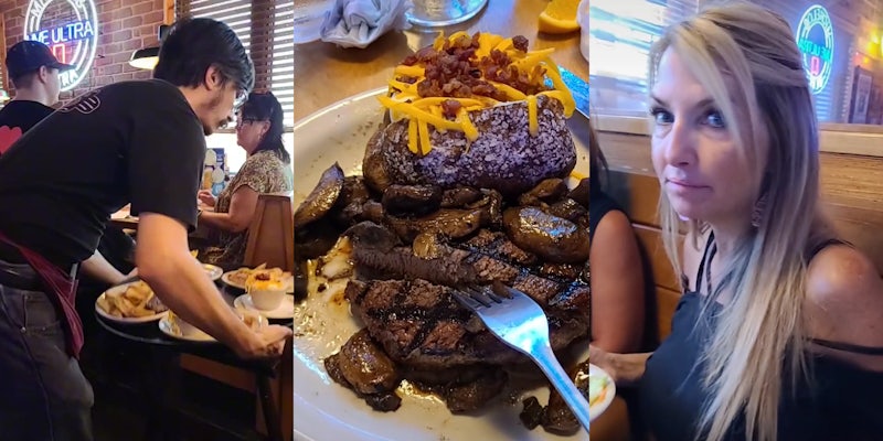 waiter bringing dishes to table (l) loaded baked potato and overcooked steak (c) woman in booth (r)