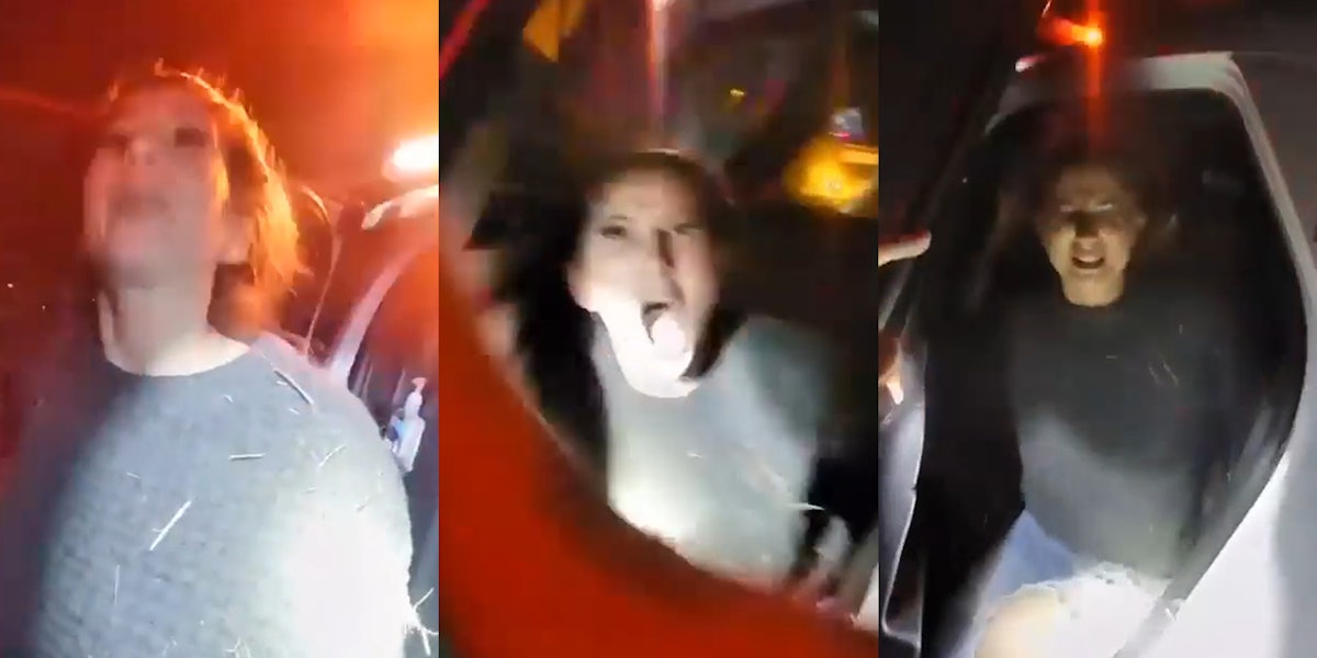 young woman spitting at police officer (l) young woman screaming (c) young woman grimacing with eyes squeezed shut (r)