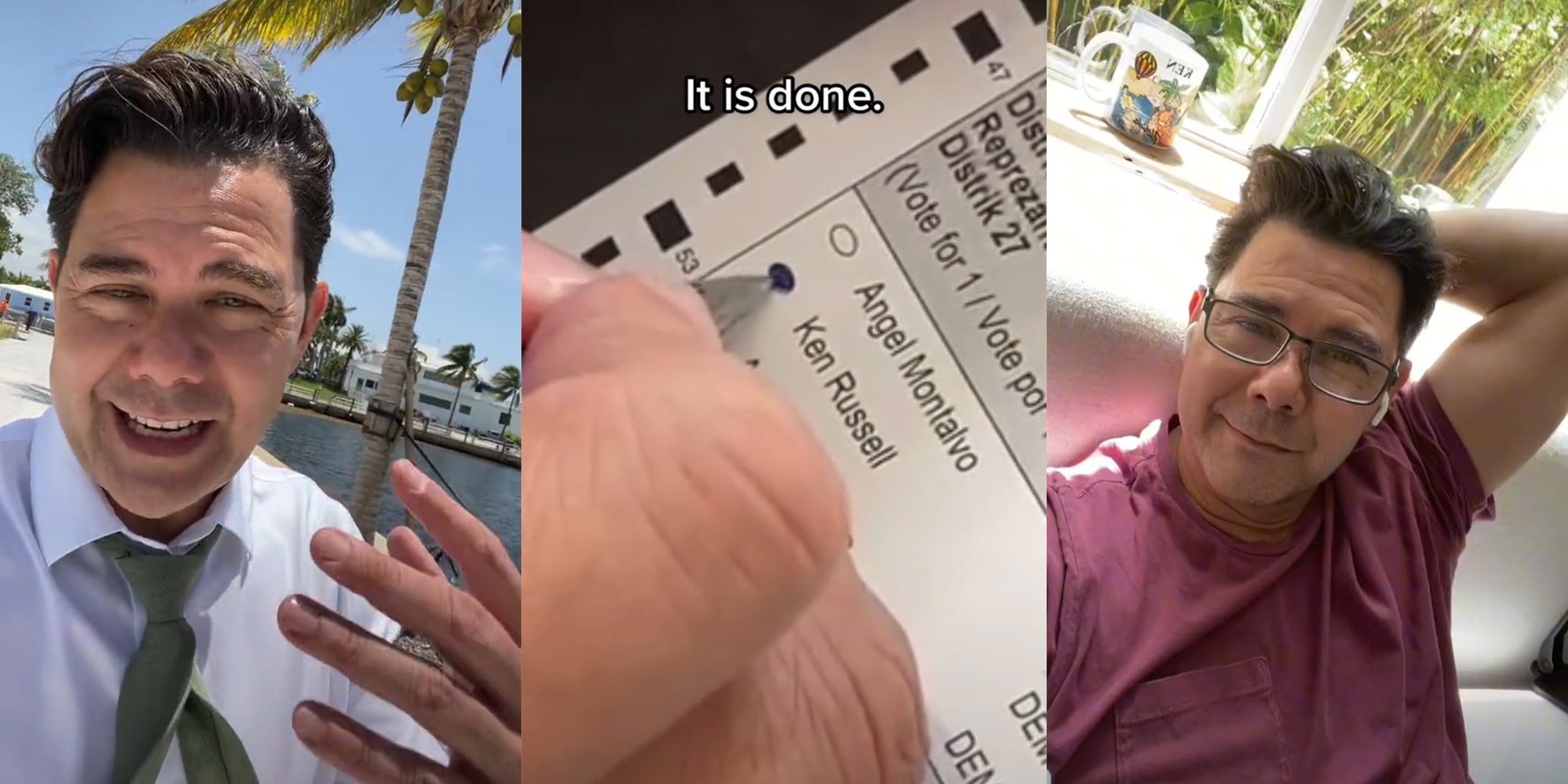 man in suit near water (l) hand marking 'Ken Russell' on mail-in ballot with caption 'It is done' (c) man on couch (r)