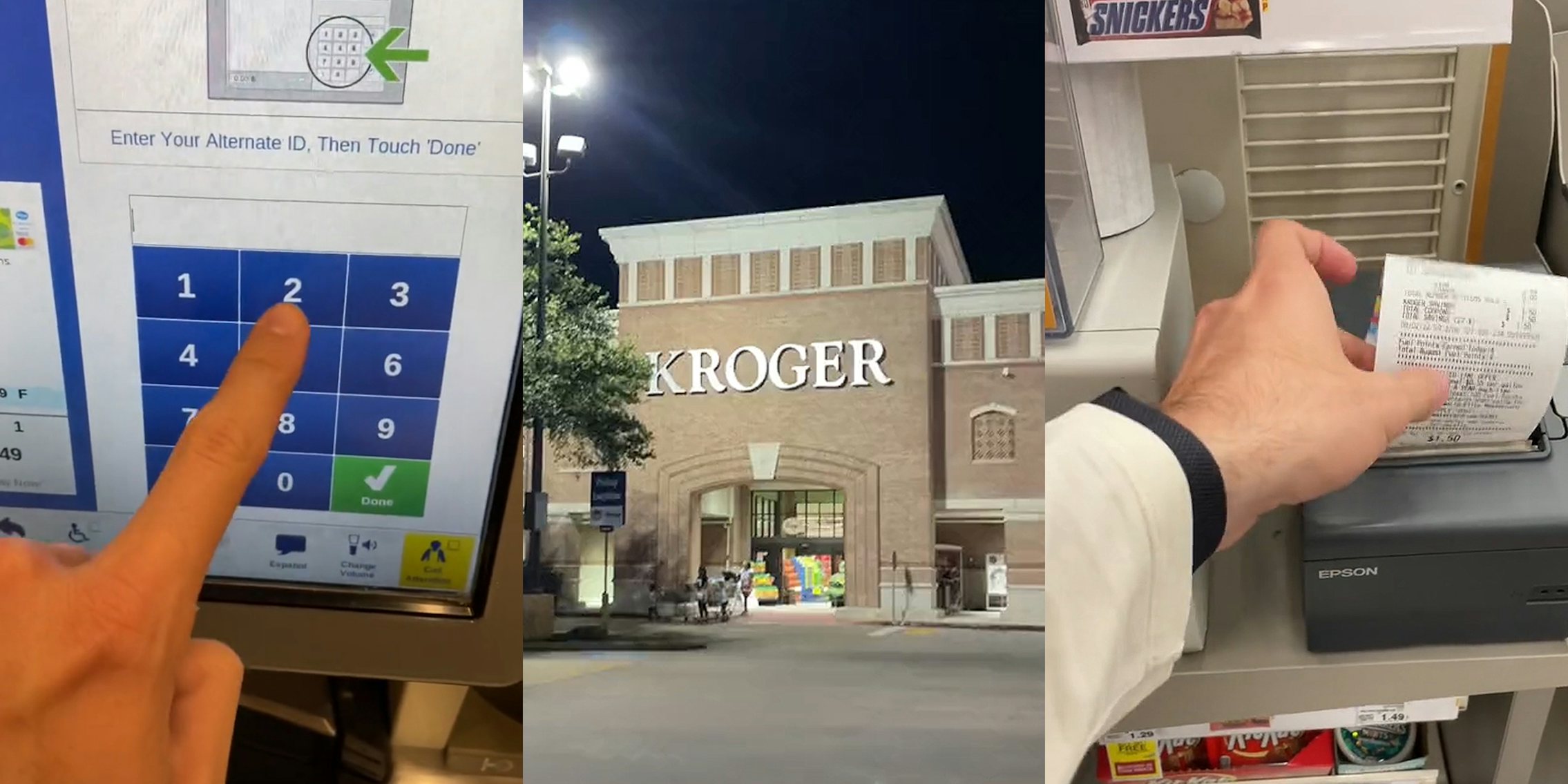 man hand pressing numbers on touch screen (l) Kroger building and sign (c) man grabbing receipt (r)