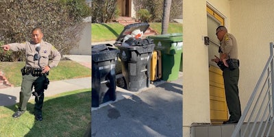 Police officer outside pointing to curb (l) Curb with trash cans outside filled with personal belongings and yellow suitcase (c) Police officer at doorstep speaking (r)