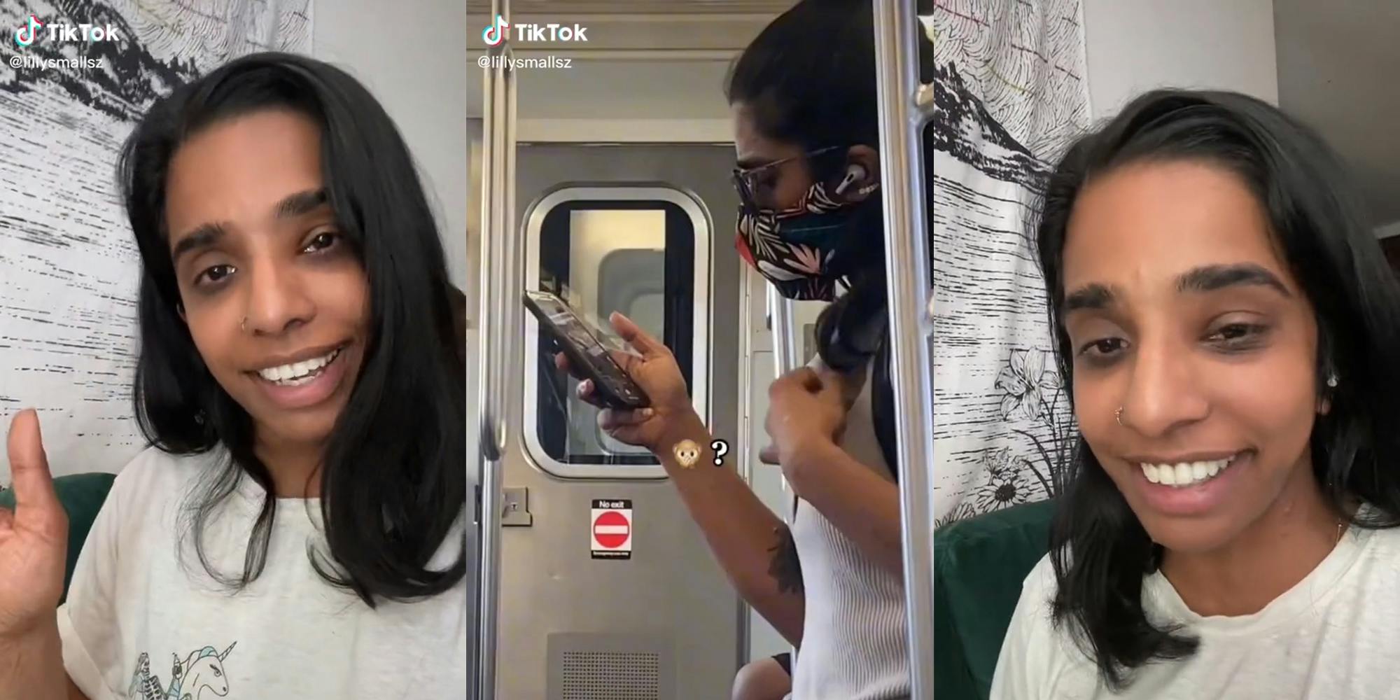 young woman waving (l) young woman looking at phone on subway with caption "monkey emoji?" (c) young woman smiling (r)