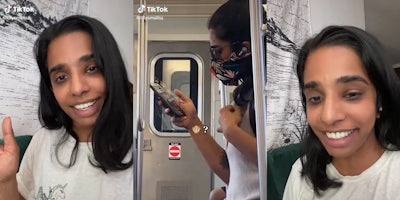 young woman waving (l) young woman looking at phone on subway with caption 'monkey emoji?' (c) young woman smiling (r)