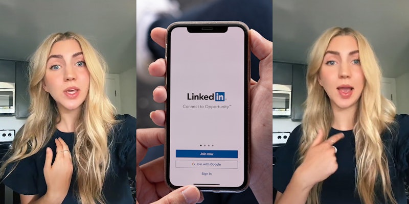 woman speaking hand on collar (l) hands holding iPhone with LinkedIn app on screen (c) woman speaking finger pointing to collar (r)