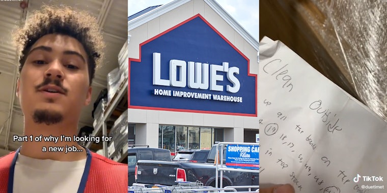 man in Lowe's with caption 'Part 1 of why I'm looking for a new job..' (l) Lowe's storefront (c) note with 'Clean outside' hand-written (r)