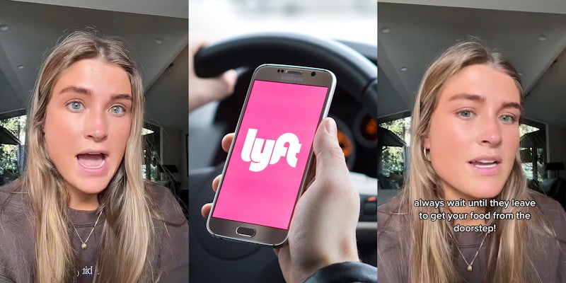woman speaking (l) Lyft app open on Lyft driver's phone in hand (c) woman speaking caption 'always wait until they leave to get your food from the doorstep!' (r)