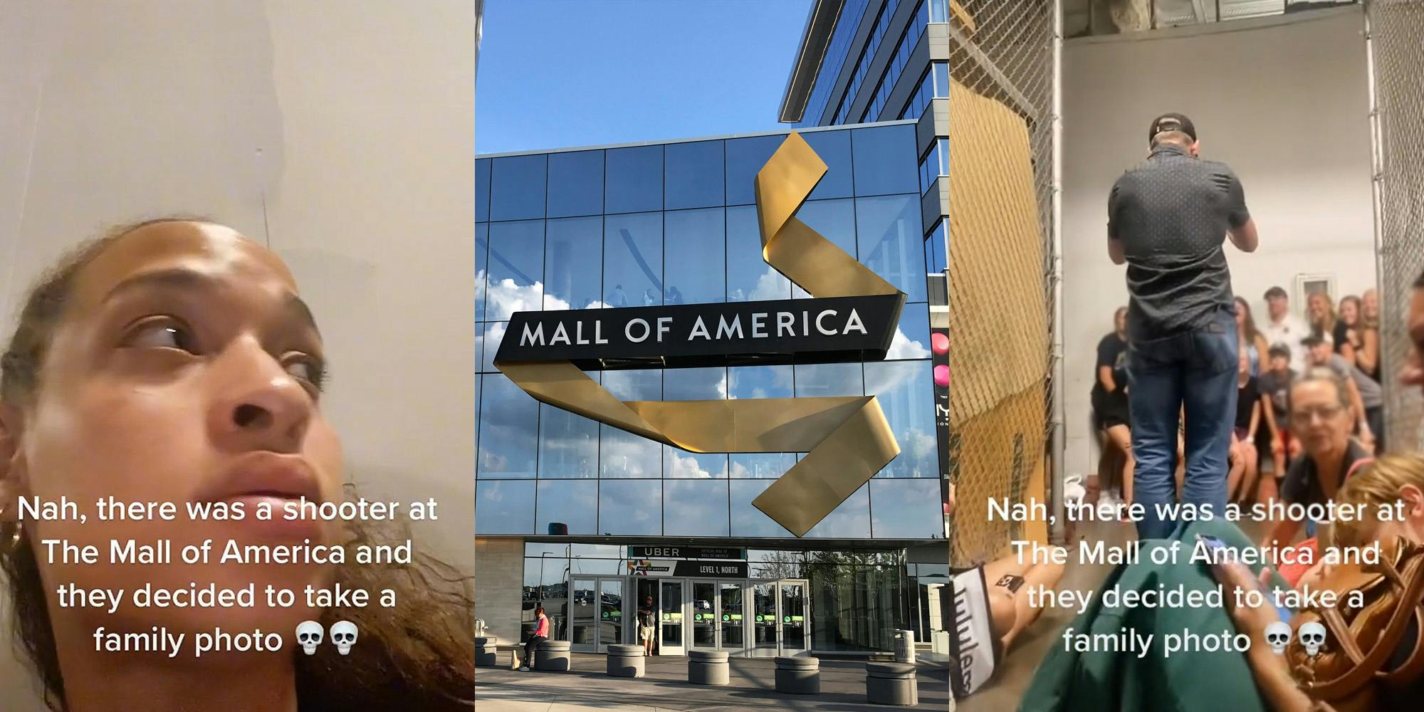 woman face turned to right caption "Nah, there was a shooter at The Mall of America and they decided to take a family photo" (l) Mall of America building with sign (c) man standing holding camera taking family photo caption "Nah, there was a shooter at The Mall of America and they decided to take a family photo" (r)