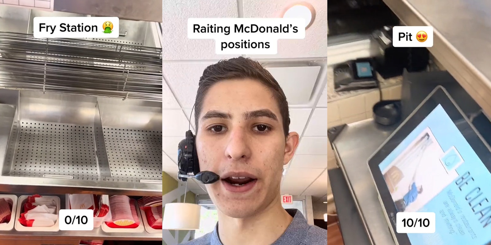 McDonald's fry station caption 'Fry Station 0/10' (l) McDonald's worker speaking caption 'Raiting McDonald's positions' (c) McDonald's pit caption 'Pit 10/10' (r)