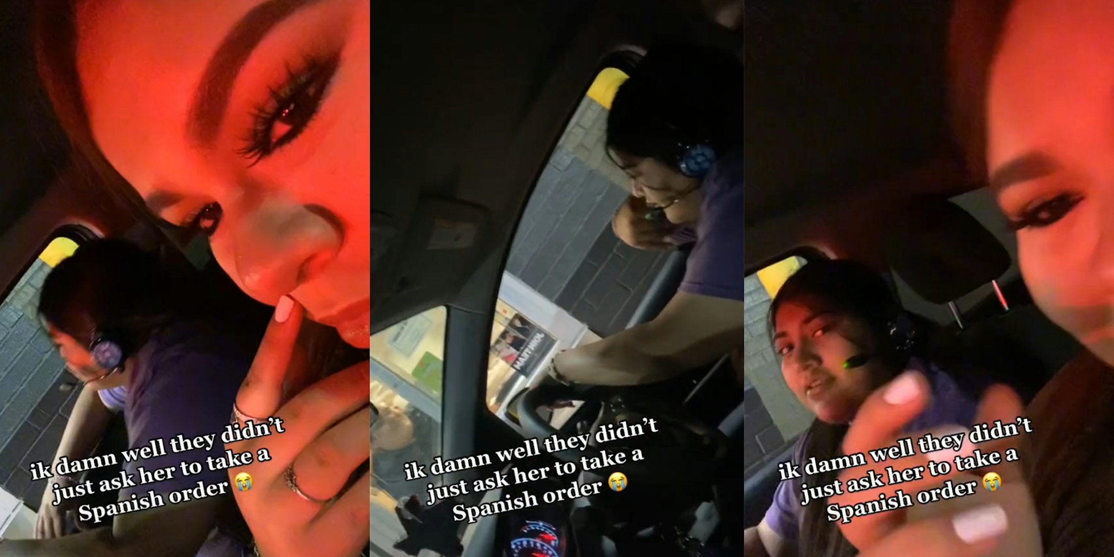 two young women in McDonald's drive thru, driver wearing headset taking an order, all with caption 'ik damn well they didn't just ask her to take a Spanish order'