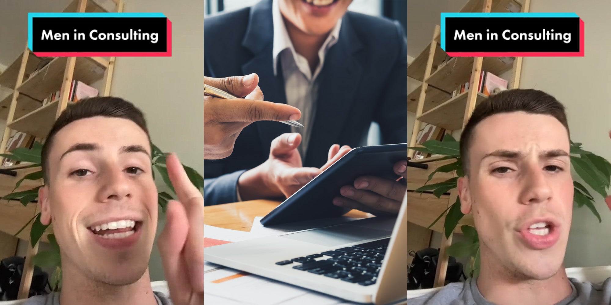 man speaking finger up caption 'Men in Consulting' (L) consultant speaking to business man pointing to iPad (c) man speaking caption 'Men in Consulting' (r)