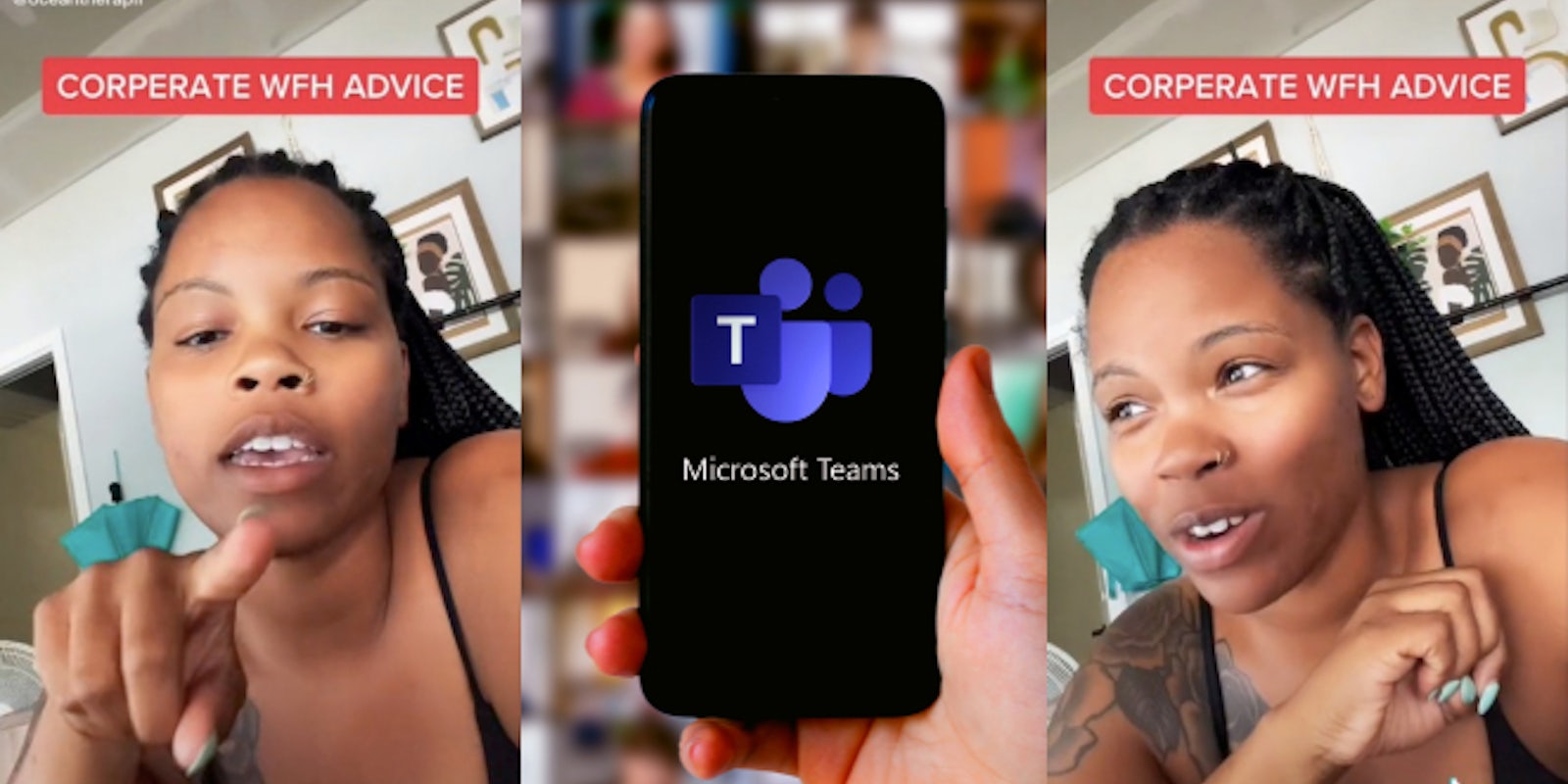 woman speaking pointing finger caption 'CORPORATE WFH ADVICE' (l) hand holding Microsoft Teams on phone in front of meeting (c)woman speaking caption 'CORPORATE WFH ADVICE' (r)