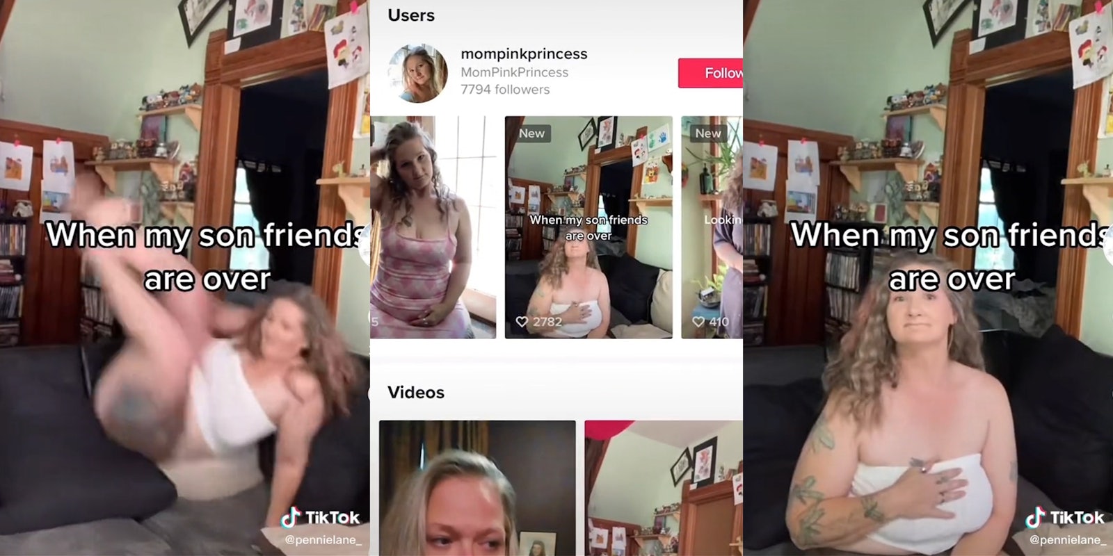 woman leaping over couch with caption 'When my son friends are over' (l) mompinkprincess TikTok user page (c) woman on couch with caption 'When my son friends are over' (r)