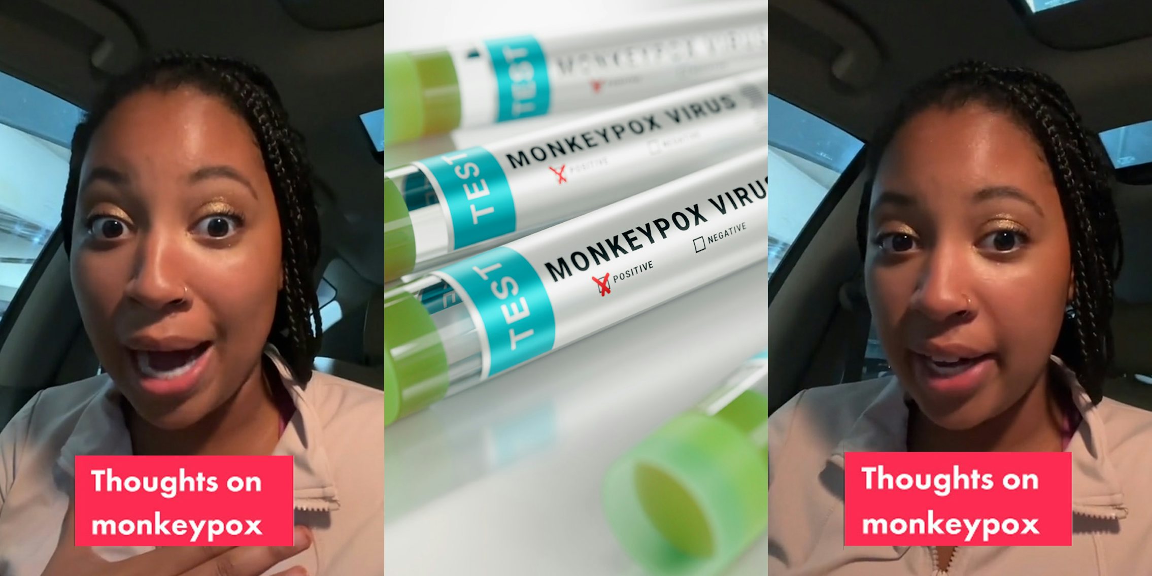 woman speaking in car caption 'Thoughts on monkeypox' (l) Test tubes on white table labeled 'Monkeypox Virus' 'TEST' (c) woman speaking in car caption 'Thoughts on monkeypox' (r)