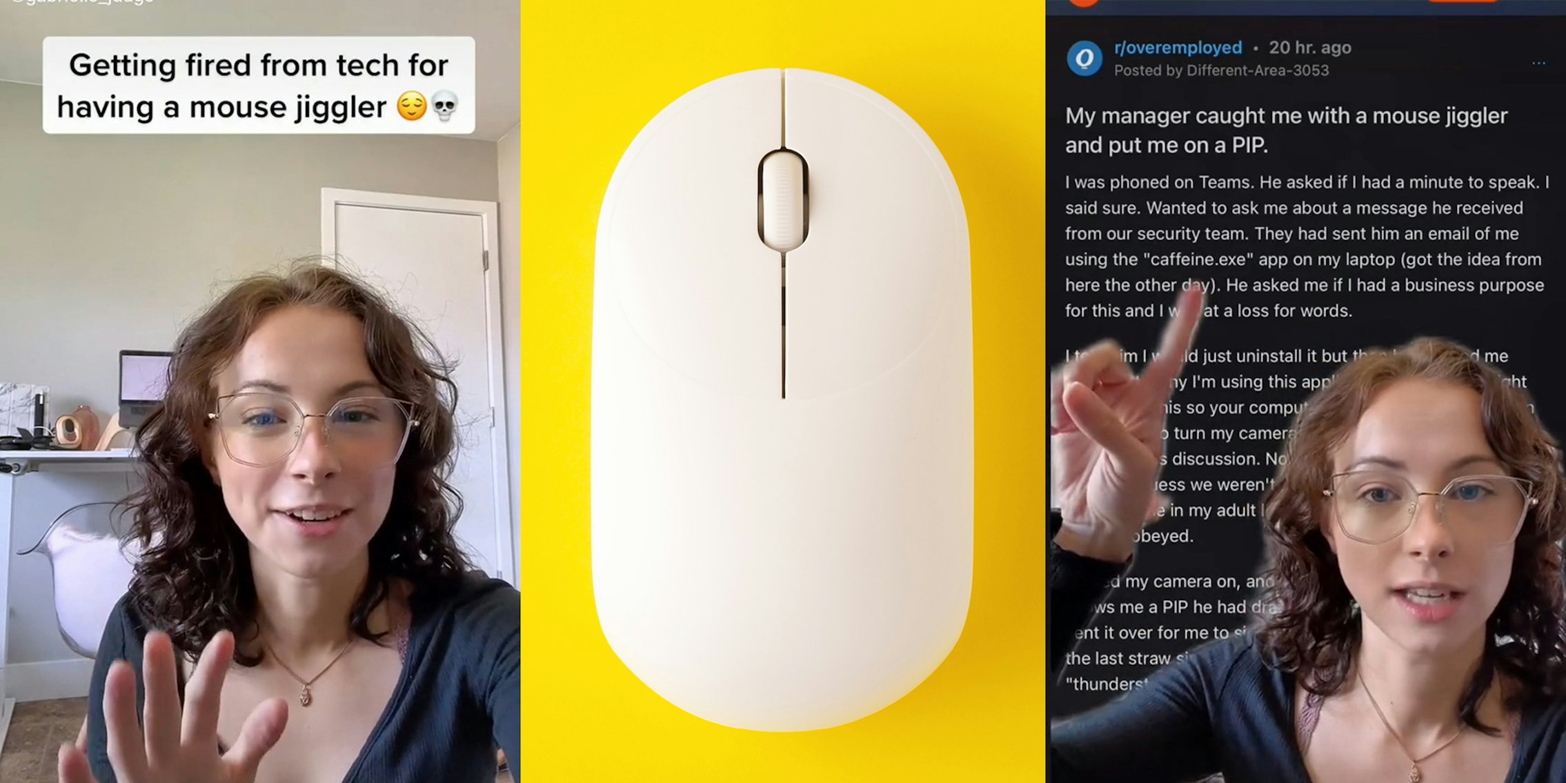 young woman with 'Getting fired from tech for having a mouse jiggler' caption (l) computer mouse (c) young woman pointing at text background (r)