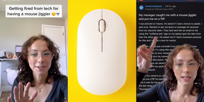 young woman with 'Getting fired from tech for having a mouse jiggler' caption (l) computer mouse (c) young woman pointing at text background (r)