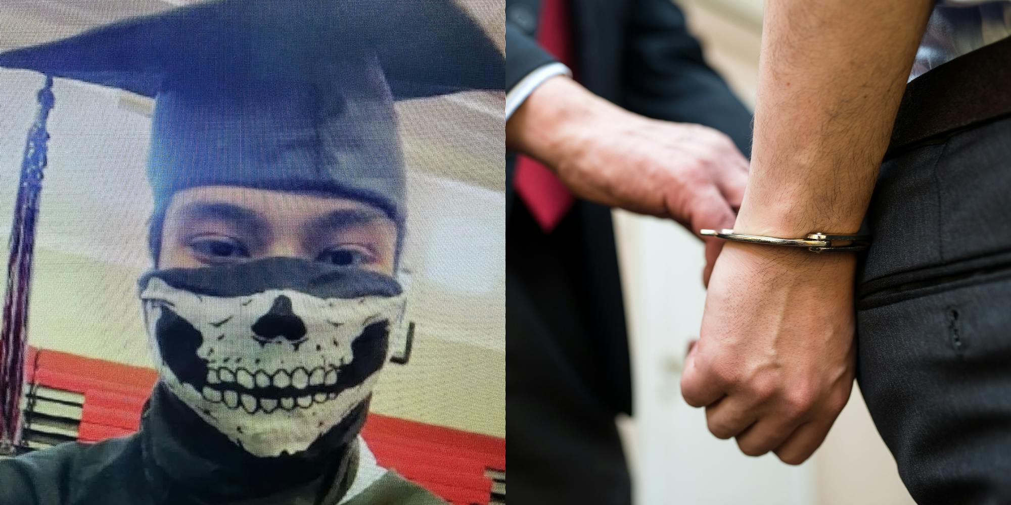Nick Fuentes Key Lieutenant in graduation cap and mask (l) Man being handcuffed by man in suit (r)