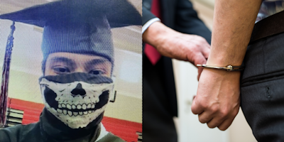 Nick Fuentes Key Lieutenant in graduation cap and mask (l) Man being handcuffed by man in suit (r)