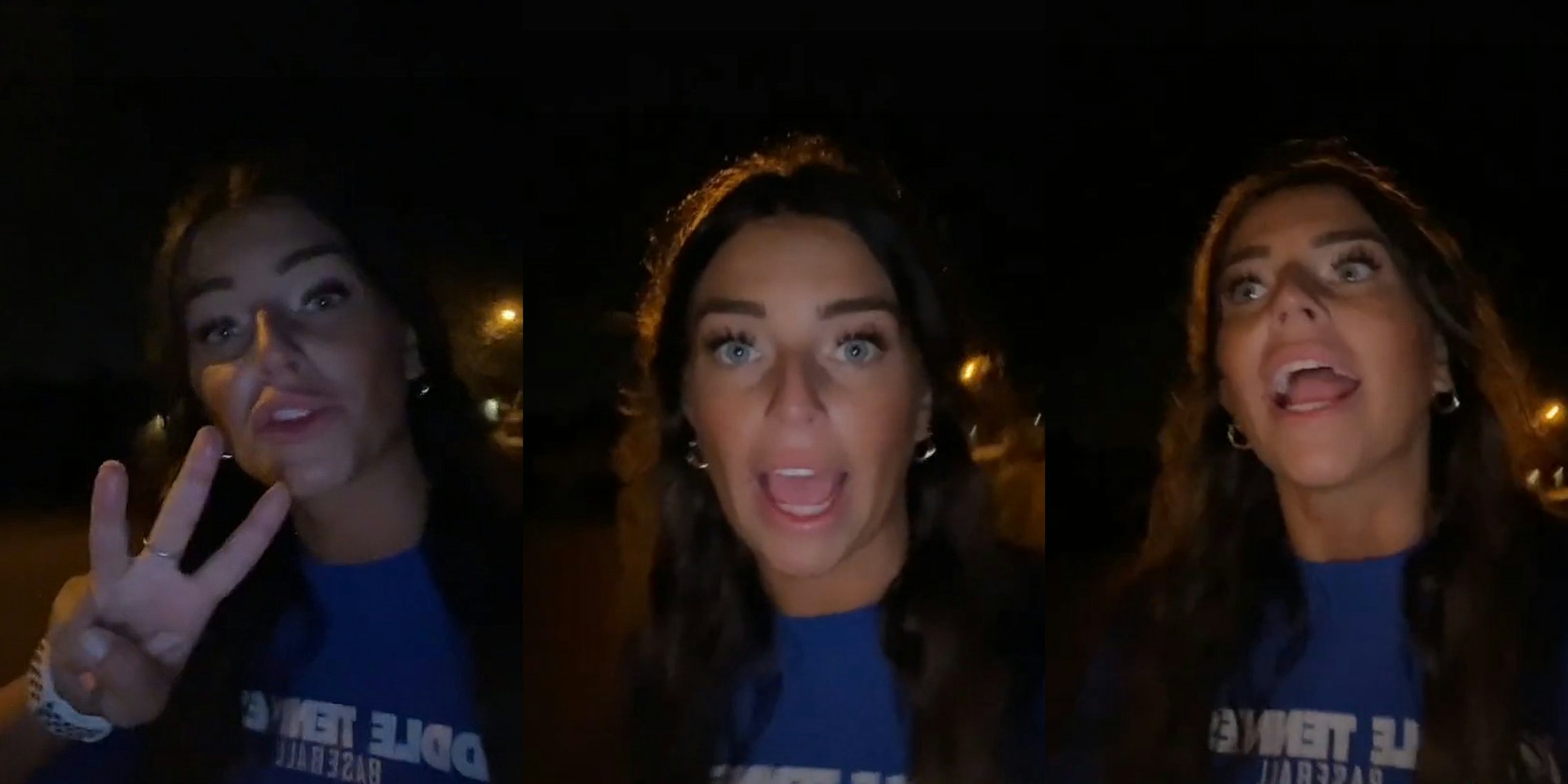 woman walking outside at night holding 3 fingers up speaking (l) woman walking at night outside speaking (c) woman walking outside at night speaking (r)