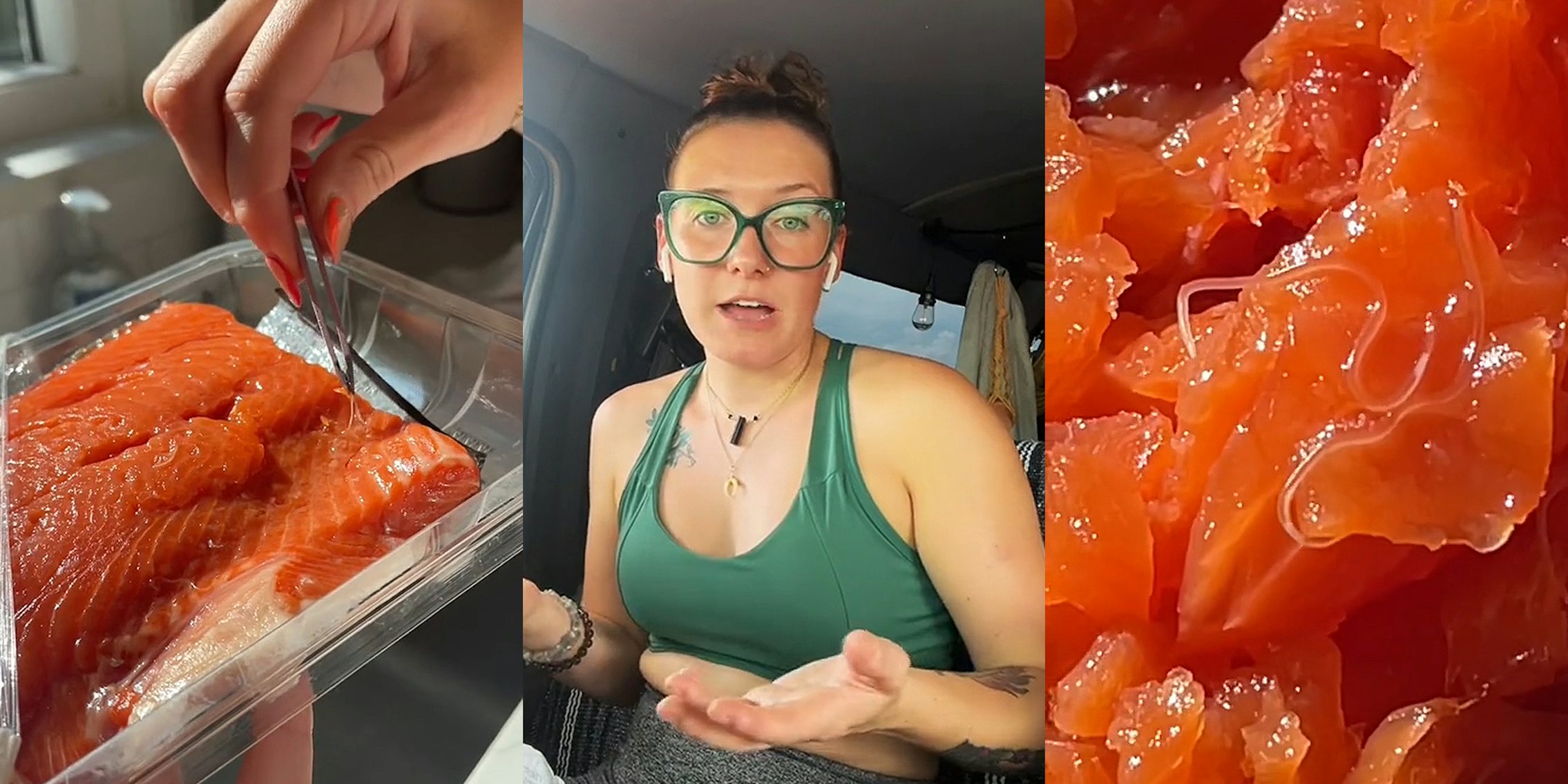 woman using tweezers to pick parasite from salmon (l) woman speaking in car hands up (c) salmon up close parasites (r)