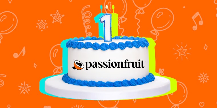 birthday cake with 'Passionfruit' and a '1' candle