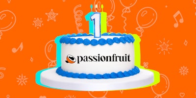 birthday cake with 'Passionfruit' and a '1' candle