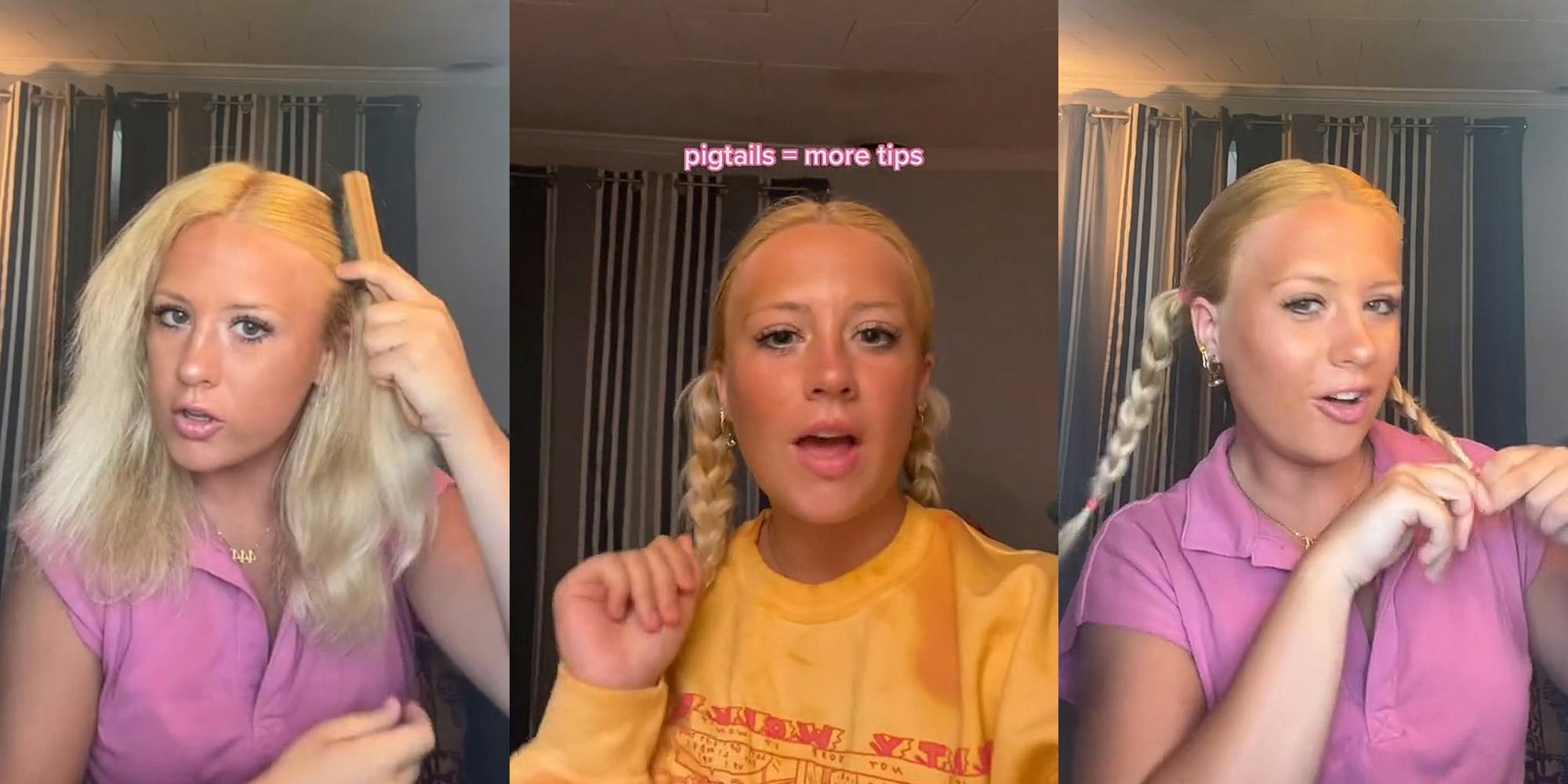 woman brushing hair (l) woman speaking caption "pigtails = more tips" (c) woman braiding pigtails (r)