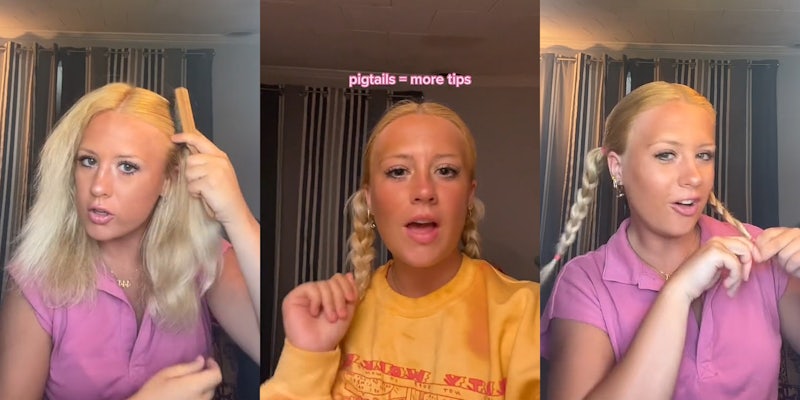 woman brushing hair (l) woman speaking caption 'pigtails = more tips' (c) woman braiding pigtails (r)