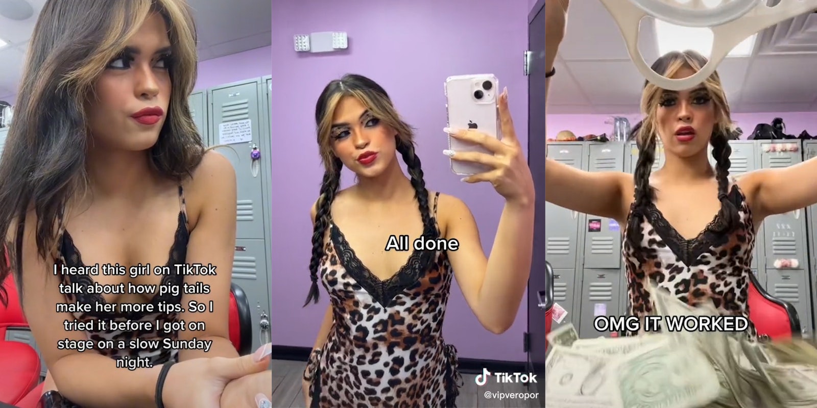 young woman in locker room with caption 'I heard this girl on TikTok talk about how pig tails make her more tips. So I tried it before I got on stage on a slow Sunday night.' (l) young woman in pigtails holding up phone with caption 'All done' (c) young woman dumping money from basket onto table with caption 'OMG IT WORKED' (r)