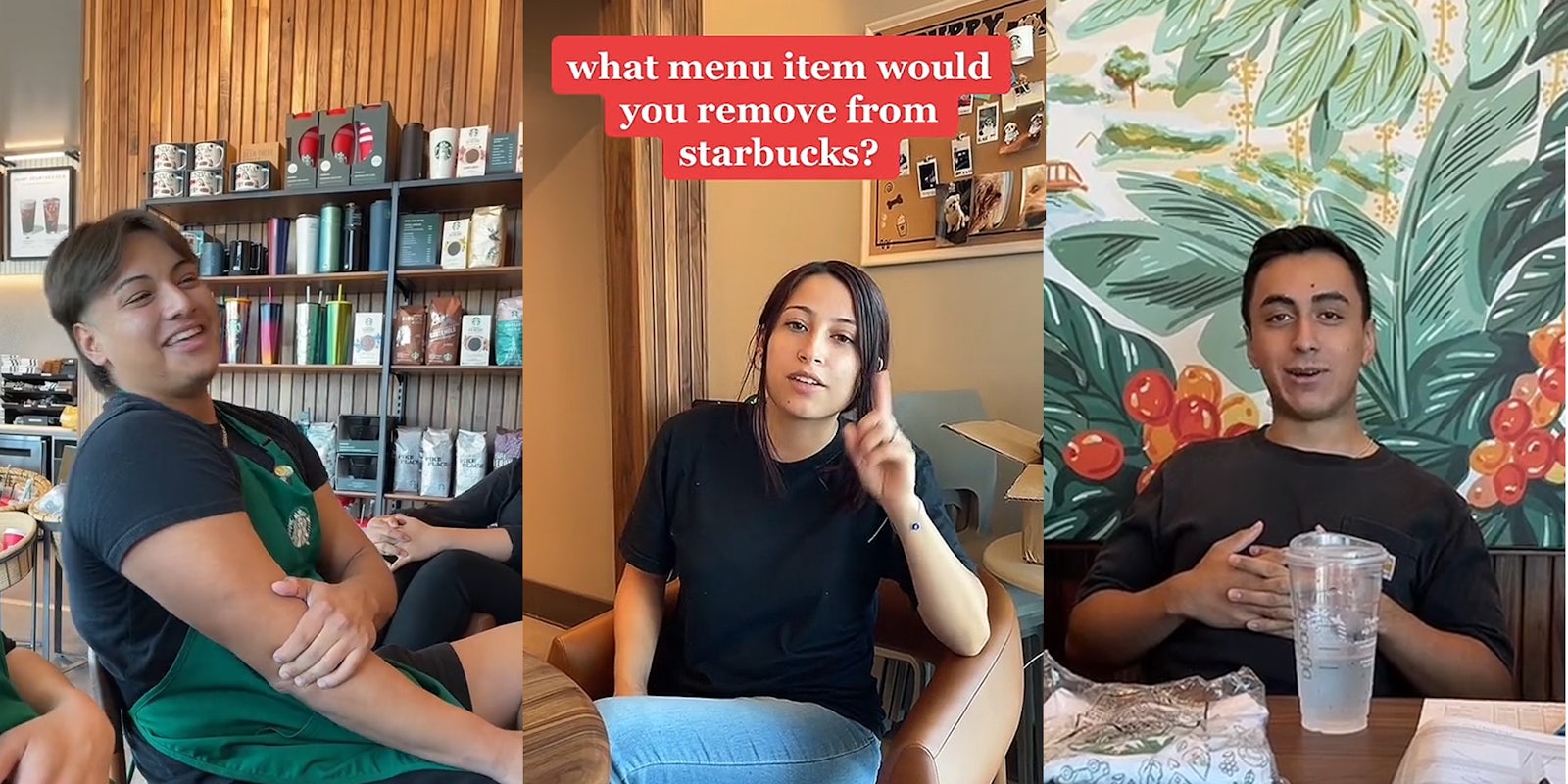 Starbucks barista sitting in chair speaking (l) Starbucks barista sitting pointing finger up at caption 'what menu item would you remove from starbucks?' (c) Starbucks barista sitting in booth speaking (r)