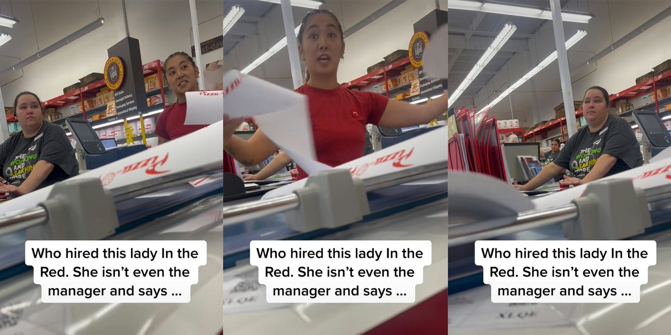 Staples employees with caption 'Who hired this lady In the Red. She isn't even the manager and says...'