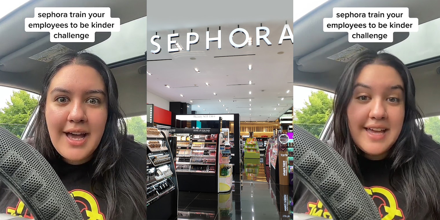woman speaking in car caption 'sephora train your employees to be kinder challenge' (l) Sephora interior with 'SEPHORA' sign (c) woman speaking in car caption 'sephora train your employees to be kinder challenge' (r)